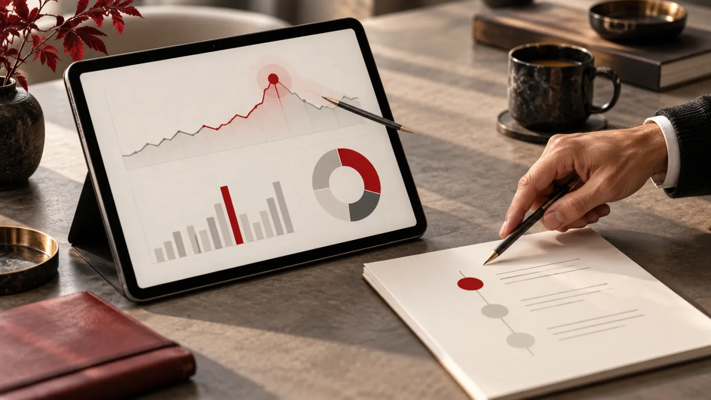 A dashboard anomaly connected to an action plan on a desk