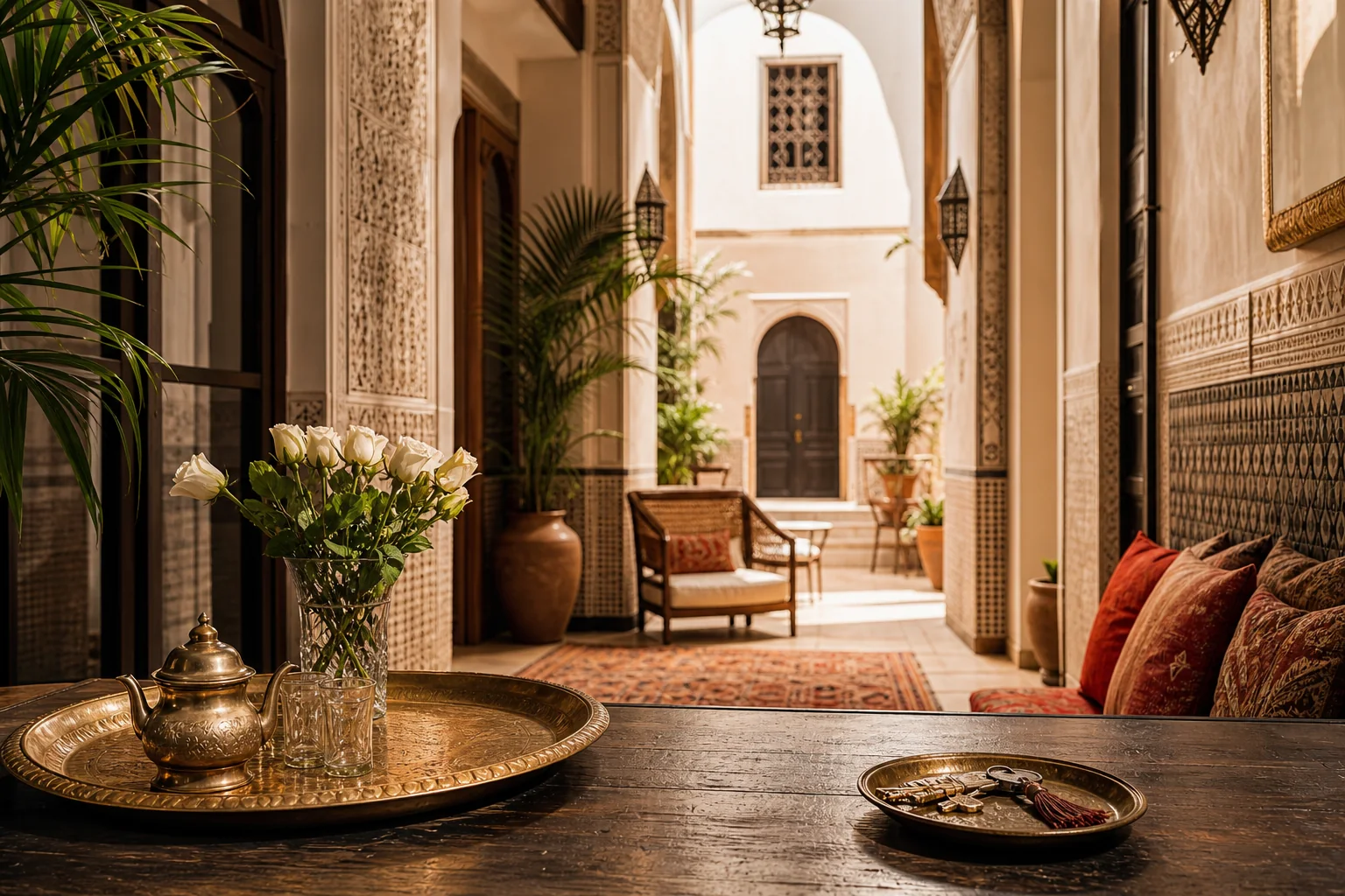 Moroccan riad lobby prepared for guest arrival
