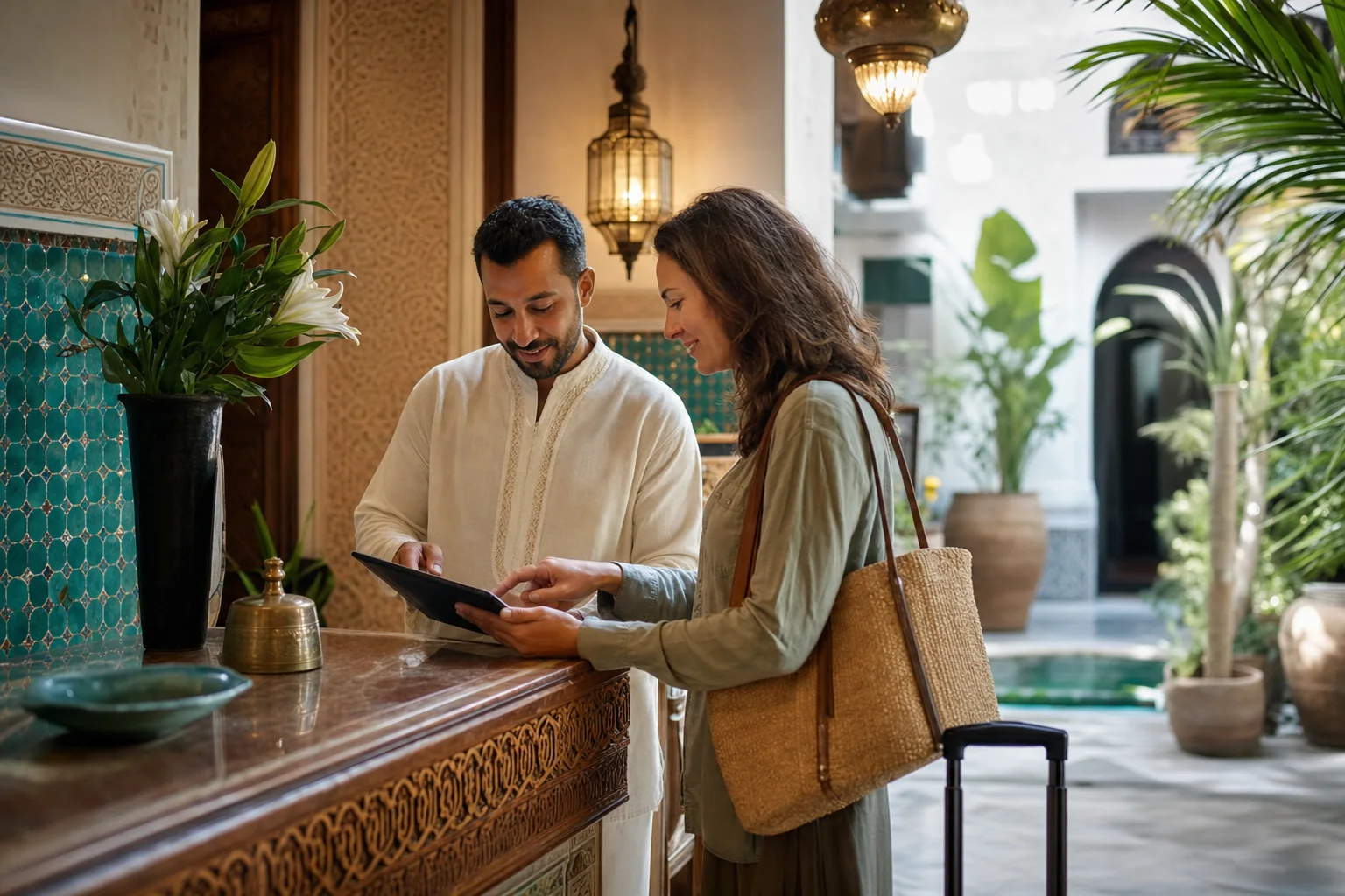 Riad manager assisting a guest with a direct booking