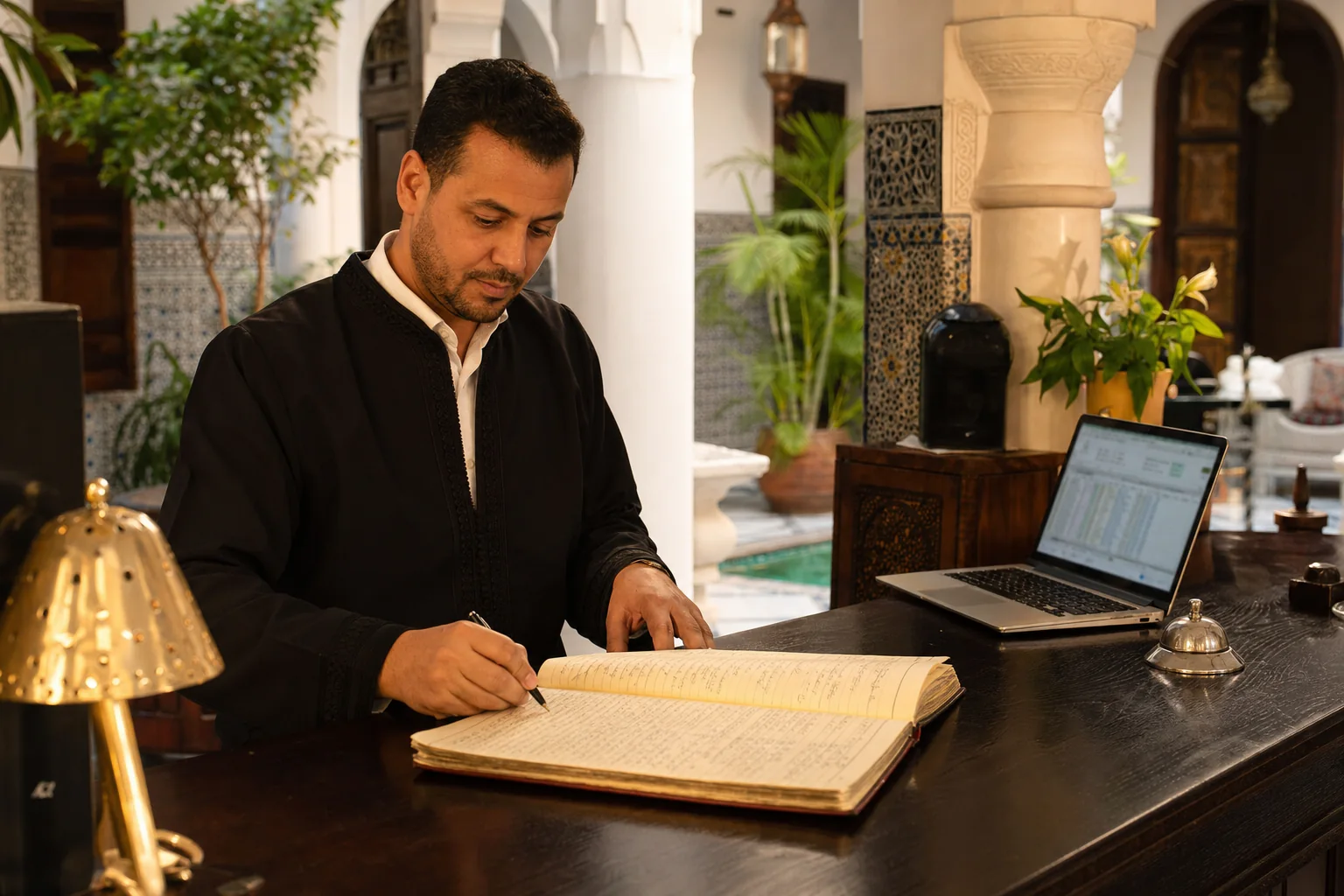 Riad manager reviewing reservation records