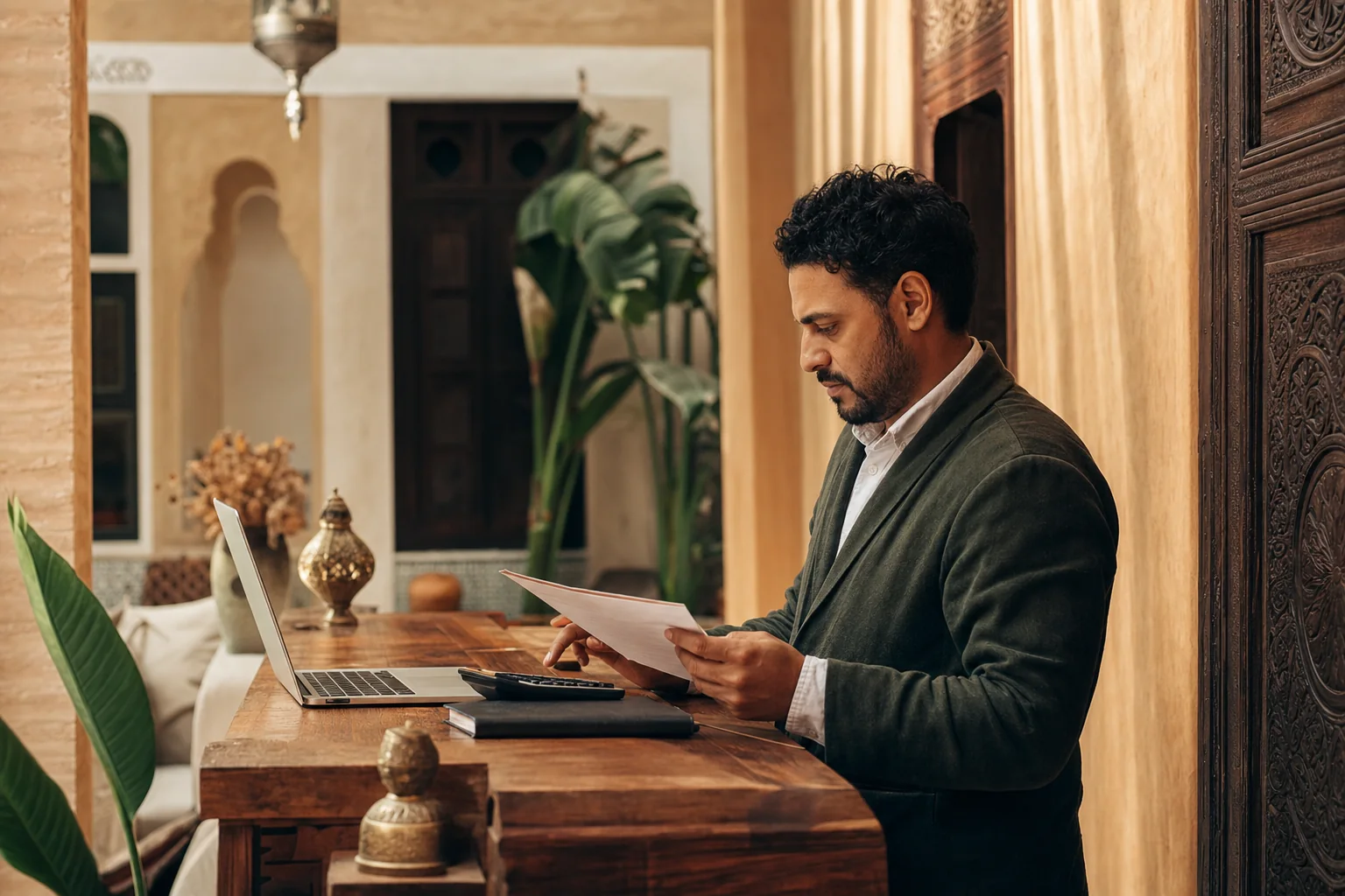 Moroccan riad owner reviewing booking costs