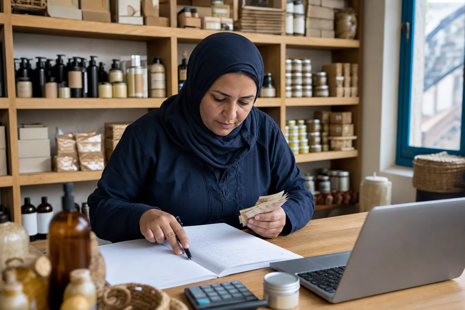 Retail owner checking cash and inventory