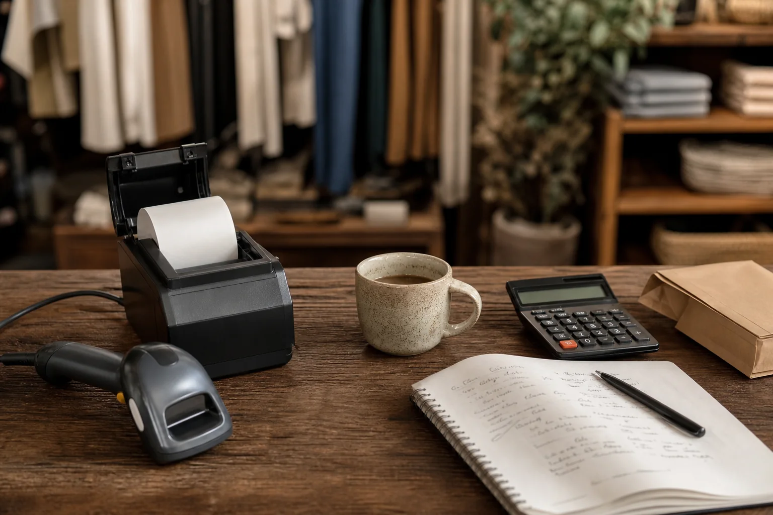 Retail operations desk with stock and payment tools