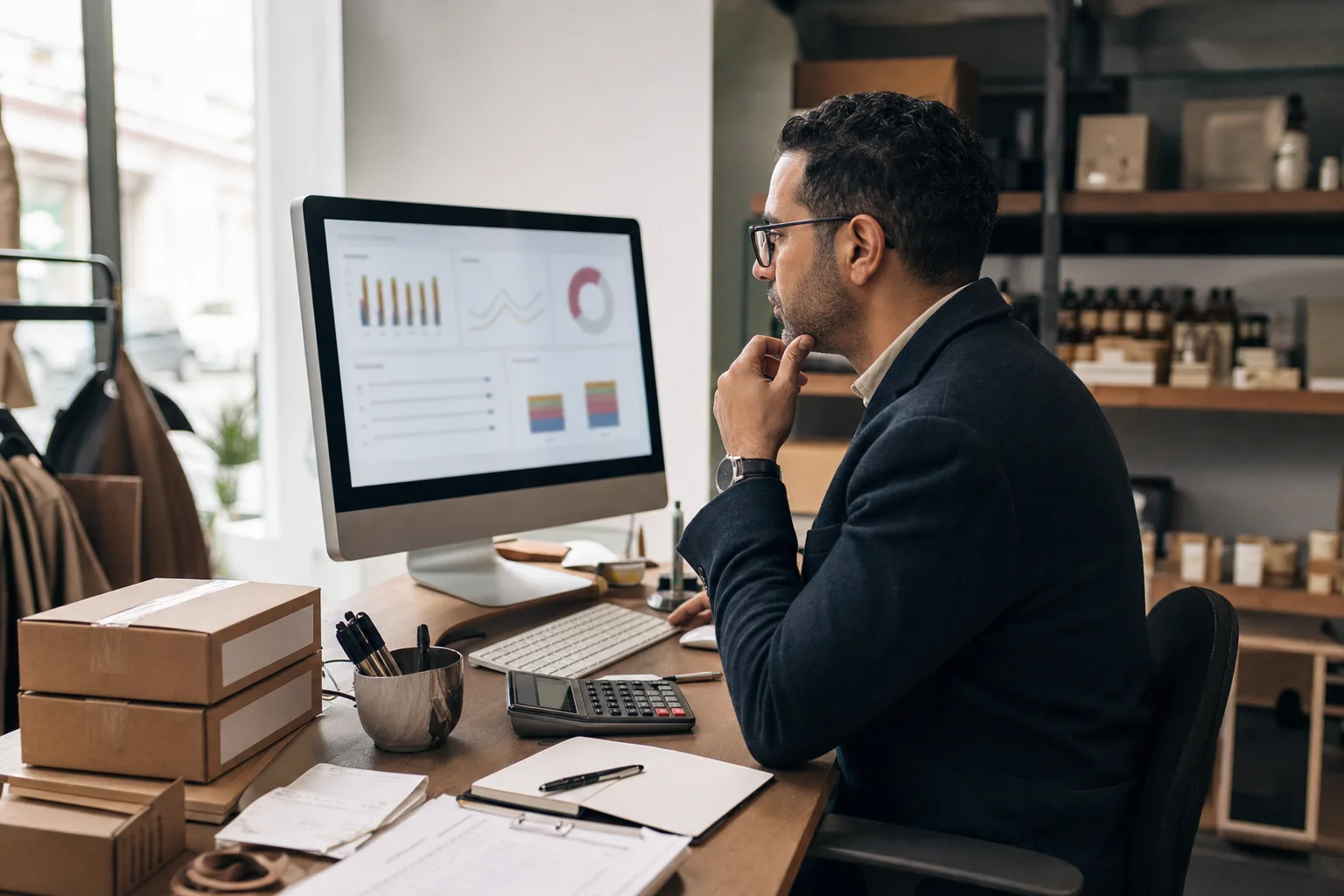 Business owner reviewing margins stock and cash performance