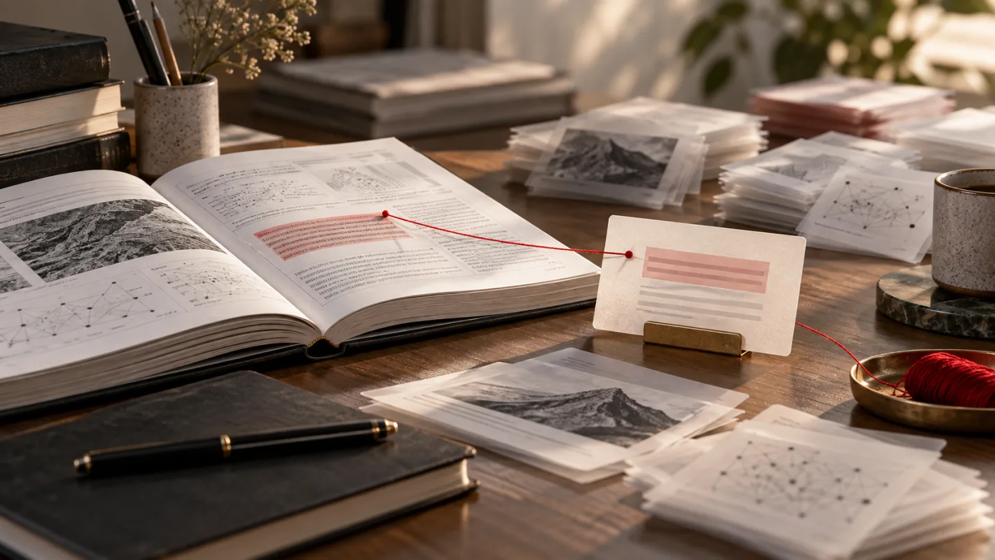 A source document connected by a red thread to an answer card