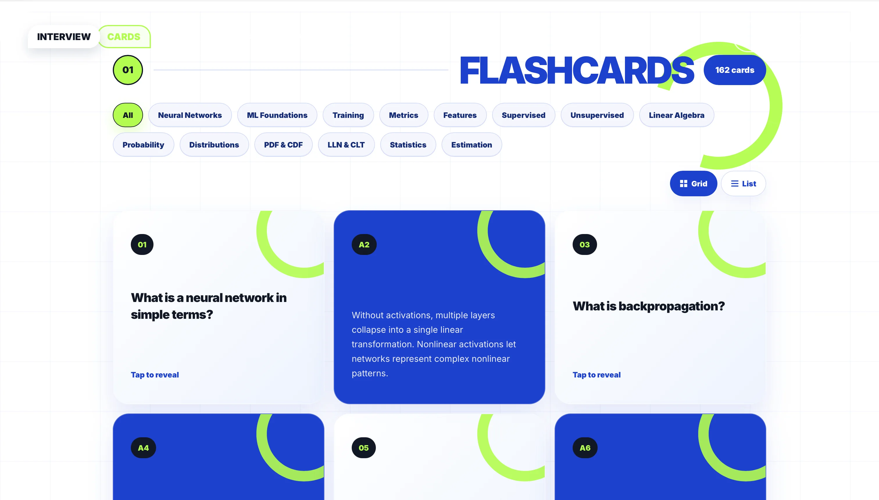 Interview Flashcards grid view with interactive cards