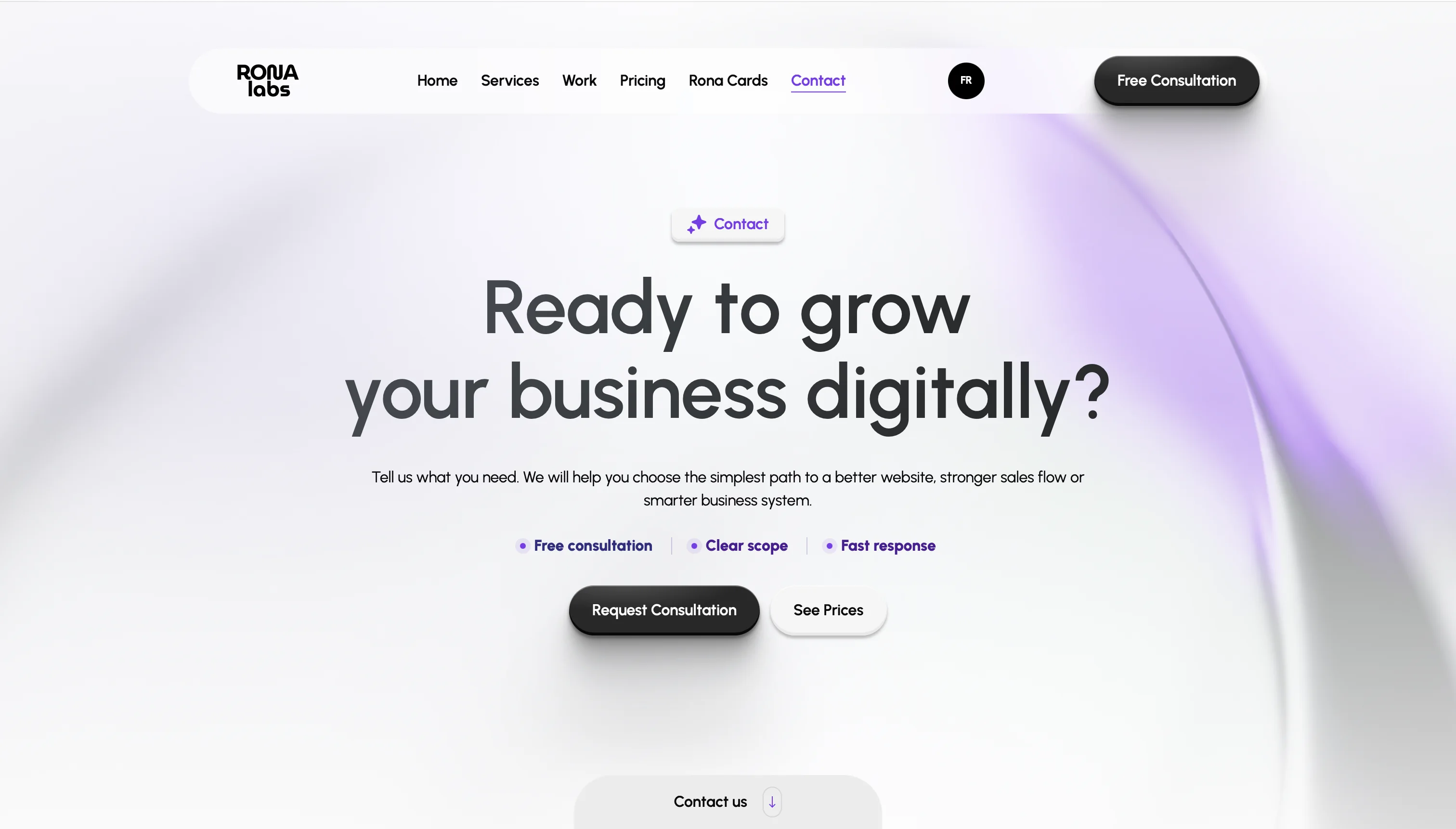 RONA Labs contact page hero section