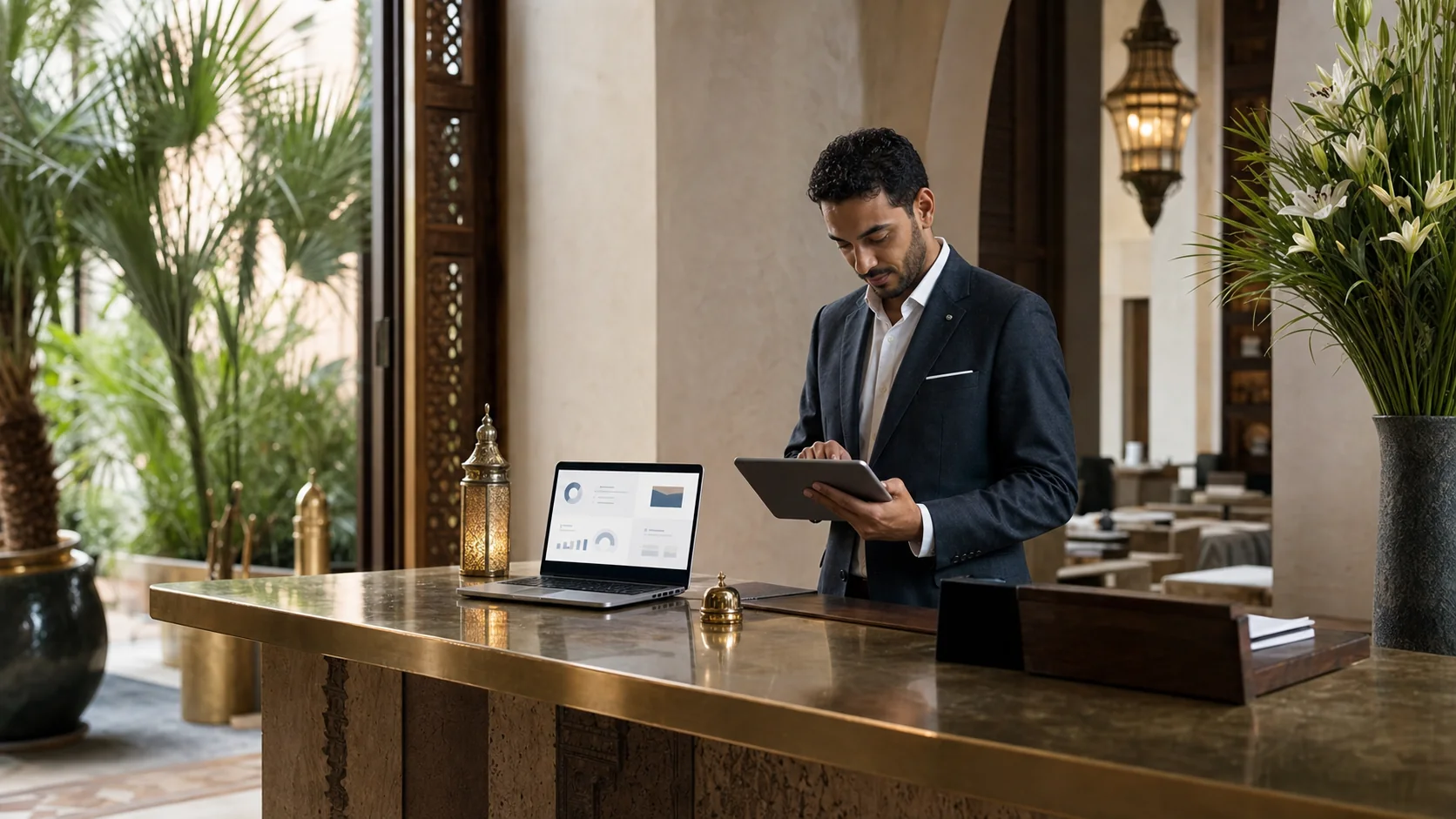 Hotel manager reviewing a digital service system