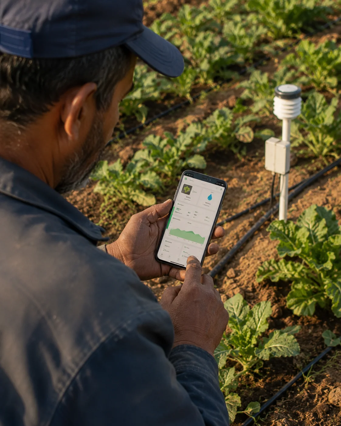 Farmer monitoring smart irrigation data on a mobile app