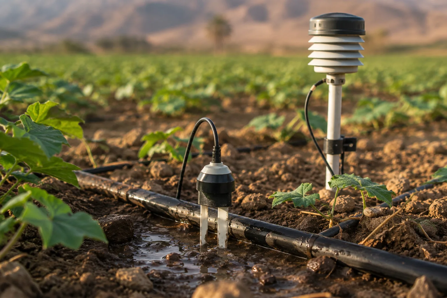 Soil and weather sensors in an irrigation field